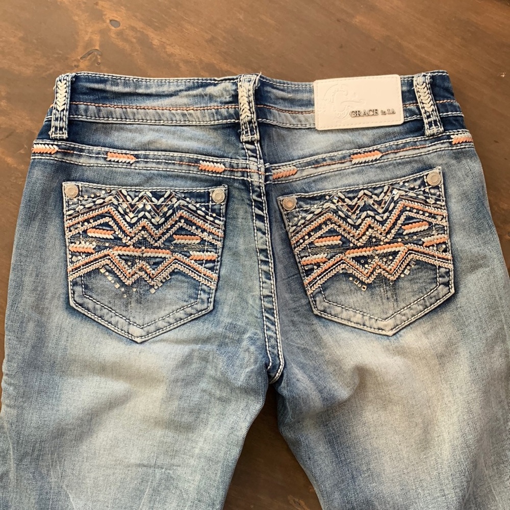 Grace in LA Light Blue Embroidered Boot Cut Jeans